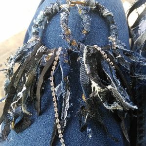 Custom made denim fringe hoop earrings